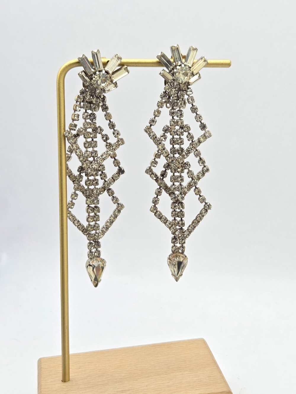 Vintage Rhinestone Chandelier Earrings Art Deco Dangle Drop Clip On 3.5”